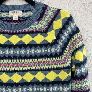 Style & co grey, blue, yellow, pink & white printed  round neck sweater.